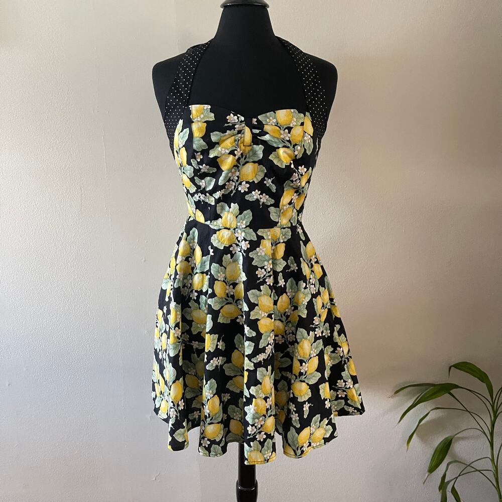Hell Bunny Leandra Lemon Print Halter Dress Rockabilly Pinup Retro Whimsygoth M